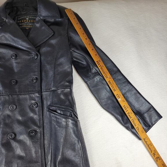 Express Garantie De Qualite Womens Sz Small Jacket Black Leather Coat Buttons - Picture 7 of 16